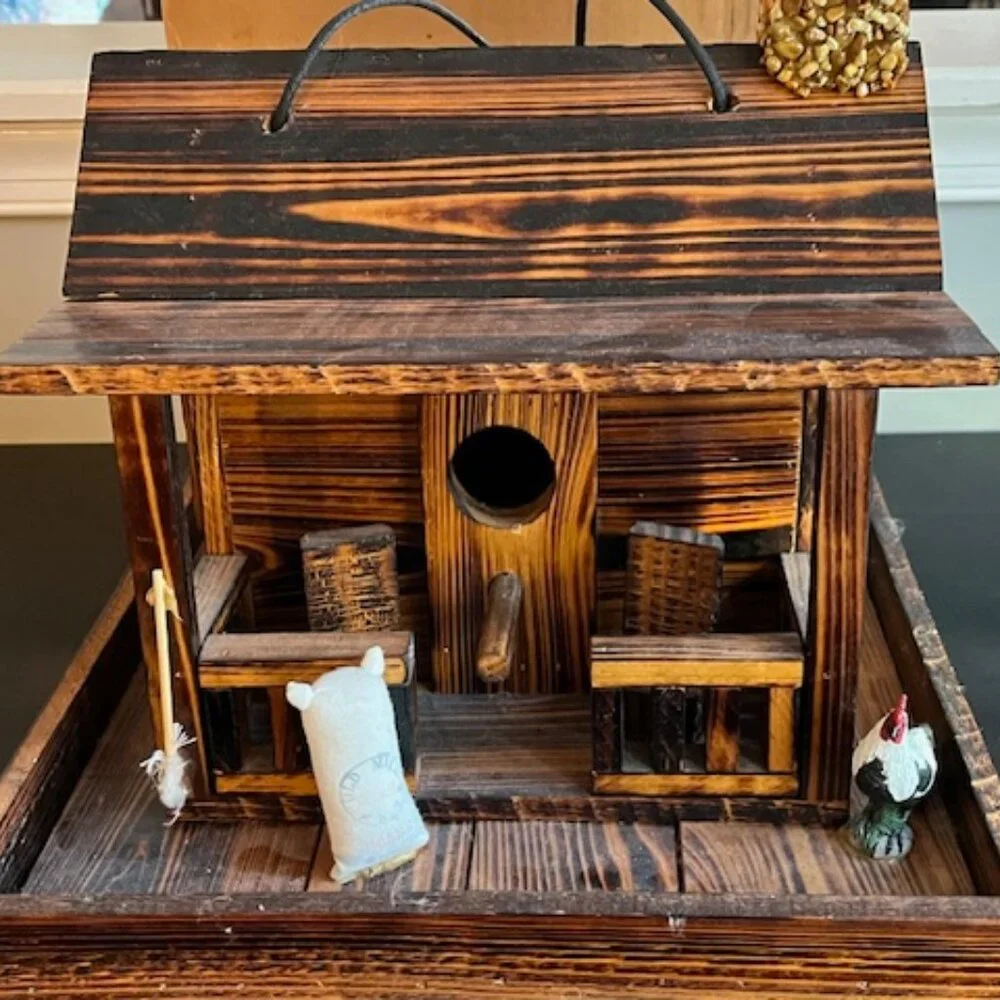 Solid Wood Hand Made Bird House / Cabin with wrap around porch 13